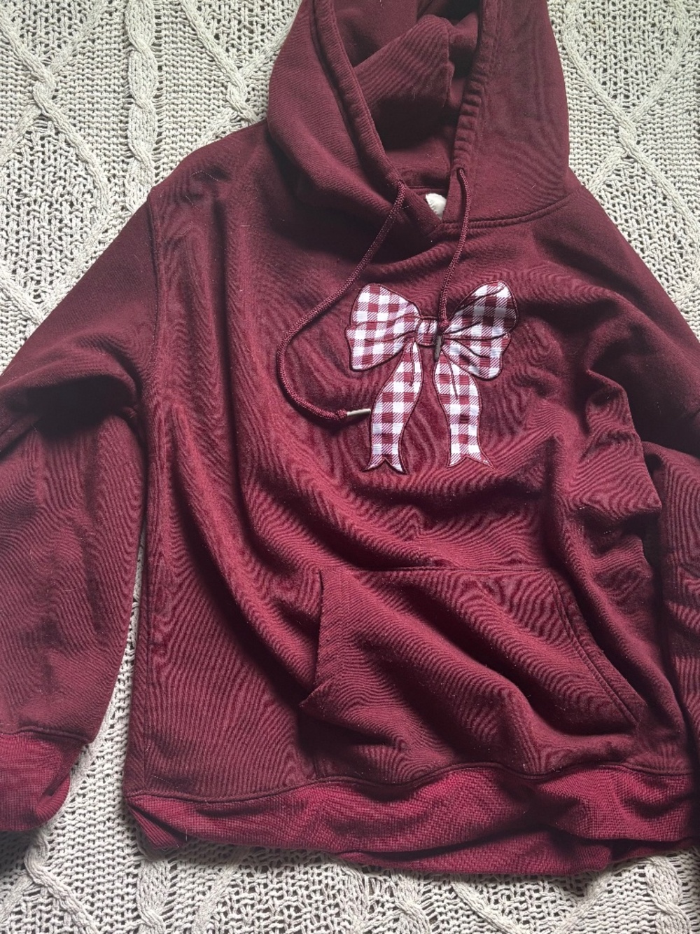 Wine red coquette gingham bow hoodie maroon hooded sweatshirt girly cute